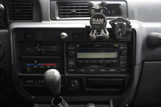 universal gadgets phone mount installed with RAM phone mounts and handy on Land Cruiser 80 series factory dash