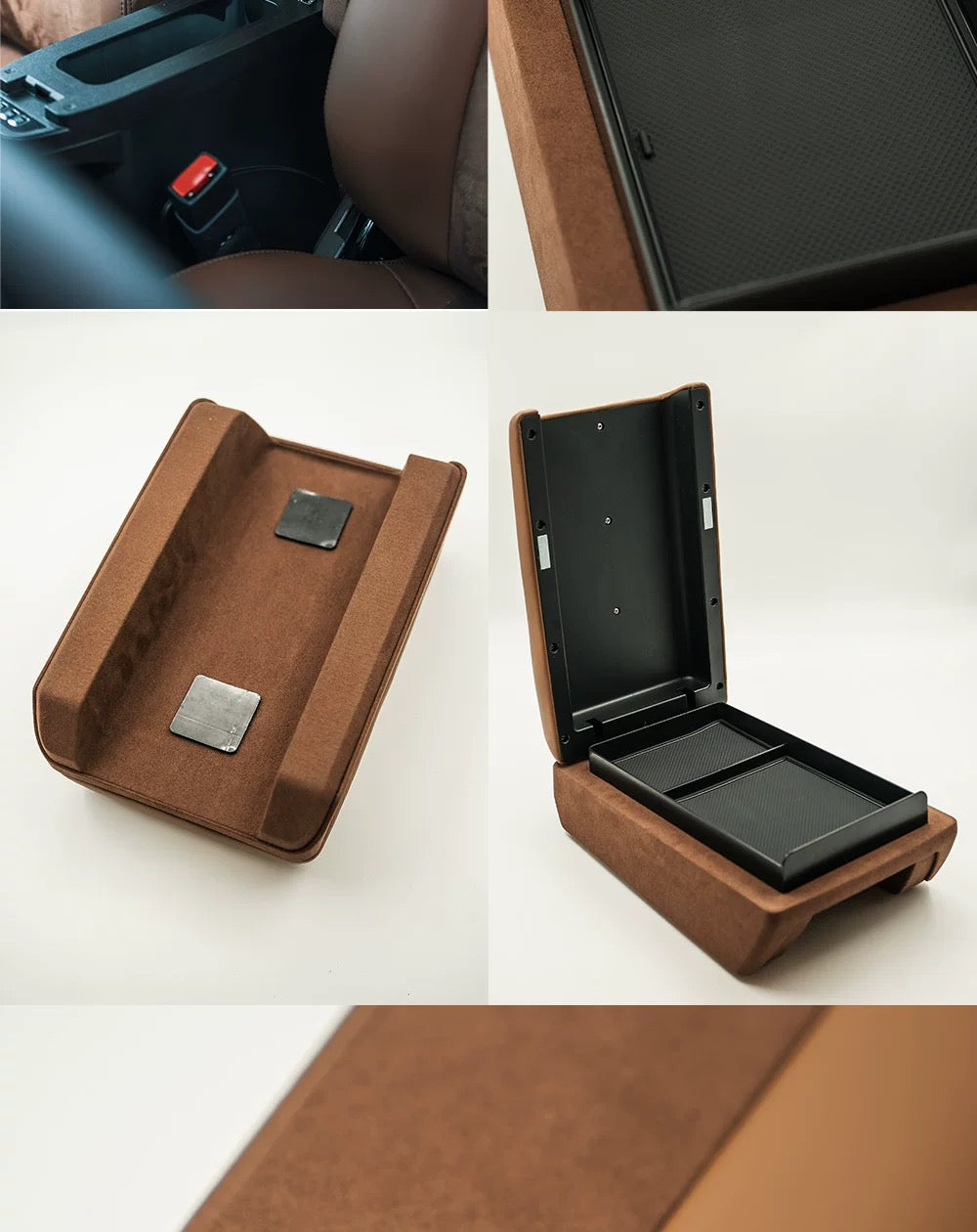 Tan Brown leather LC70 LC76 LC79 armrest organizer with storage compartments on a white background