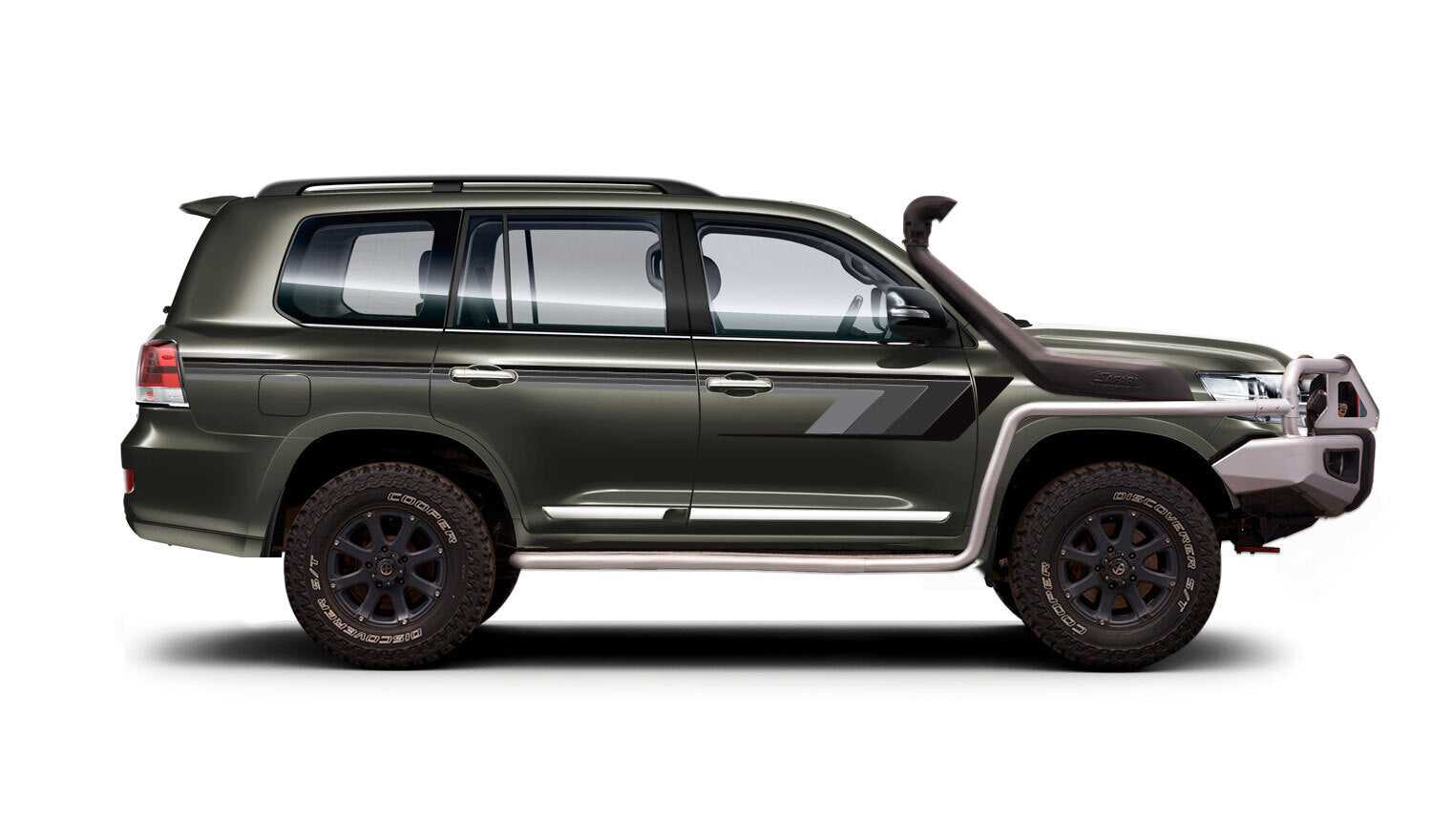 Digital Illustration of Toyota Land Cruiser dark green LC200 side profile with off-road upgrades