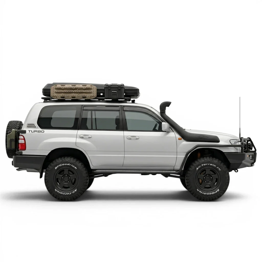3D hyper realistic side view of a white Toyota Land Cruiser 300 Series with a black roof rack, front bull bar, and bronze off-road wheels on a clean studio white background.