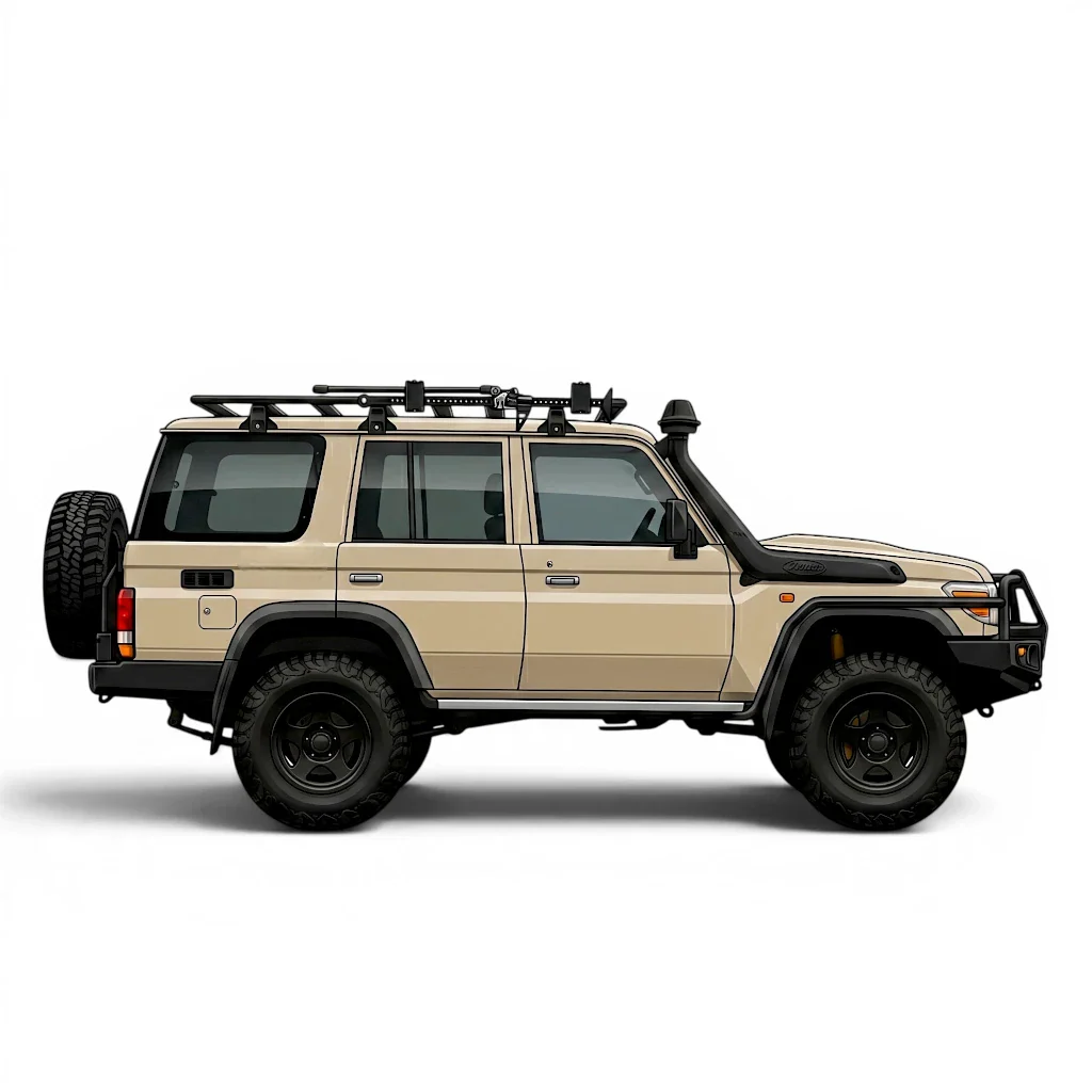 Detailed side view drawing of a sand brown Toyota LC76 4x4 SUV featuring a custom black roof rack and bull bar on a bright white studio background.