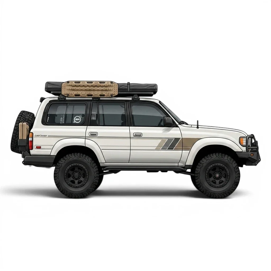 Side profile illustration of a modified white Toyota Land Cruiser 80 Series with a roof top tent and off-road gear on a clean studio white background.