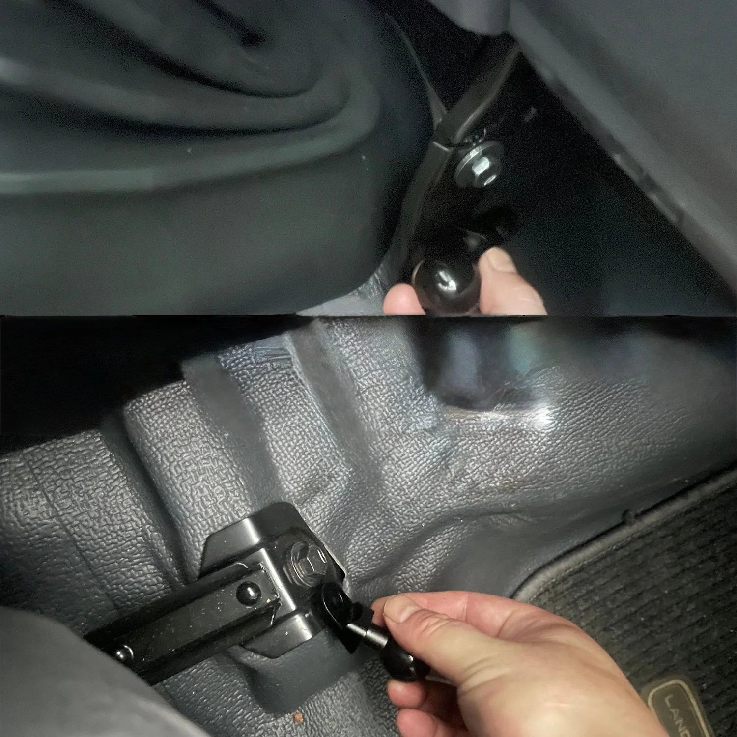 Close-up of a car seat arm lever being adjusted and install by a hand.