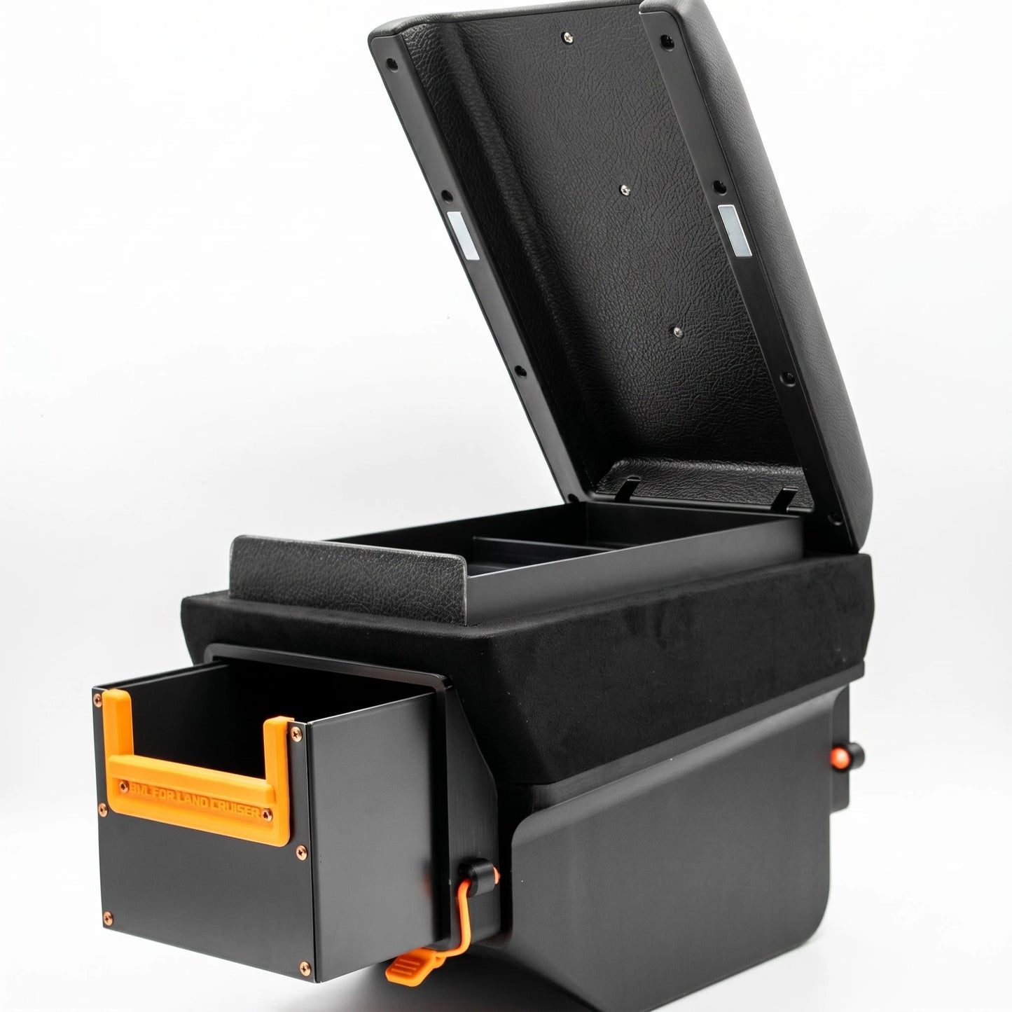 Black Nappa leather center console armrest lid open and drawer pulled out showing dual storage compartments storage for Toyota Land Cruiser LC70 LC71 LC76 LC78 LC79