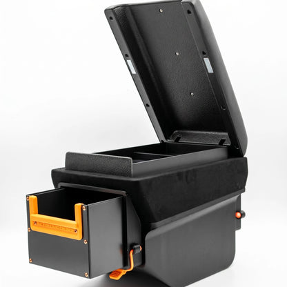 Black Nappa leather center console armrest lid open and drawer pulled out showing dual storage compartments storage for Toyota Land Cruiser LC70 LC71 LC76 LC78 LC79