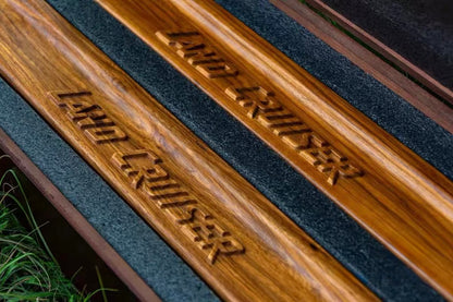 Closed up LC70 Series Luxury Wood Door Armrest Set in Premium Box - Both natural wood armrests packaged in a protective, hinged wooden box with foam inserts, emphasizing the luxury presentation