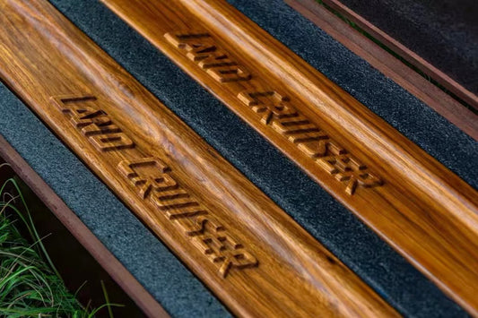 Closed up LC70 Series Luxury Wood Door Armrest Set in Premium Box - Both natural wood armrests packaged in a protective, hinged wooden box with foam inserts, emphasizing the luxury presentation