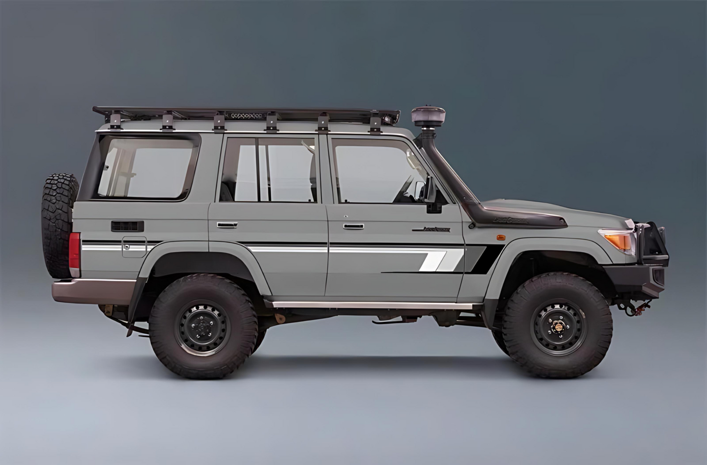 digital Gray off-road vehicle Land Cruiser 76 with roof rack on a gray background and white grey stripe decal body
