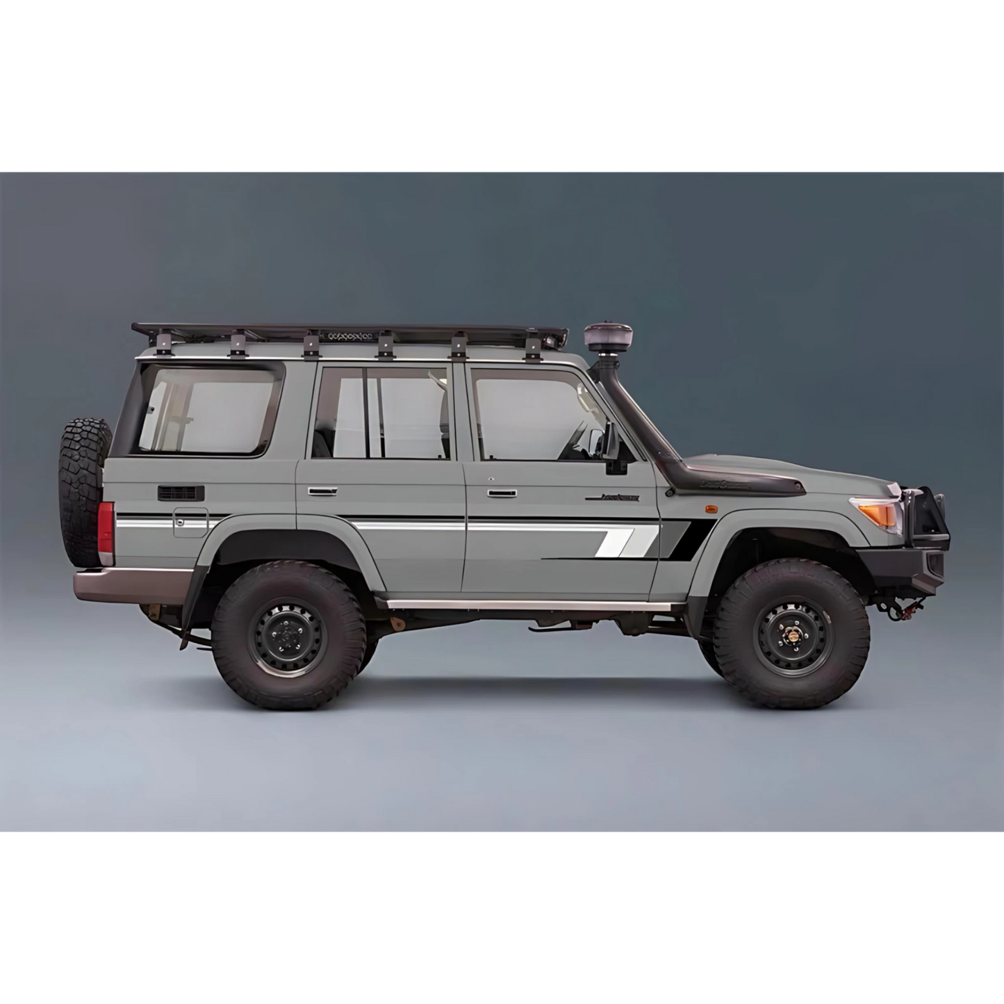 digital Gray off-road vehicle Land Cruiser 76 with roof rack on a gray background and white grey stripe decal body
