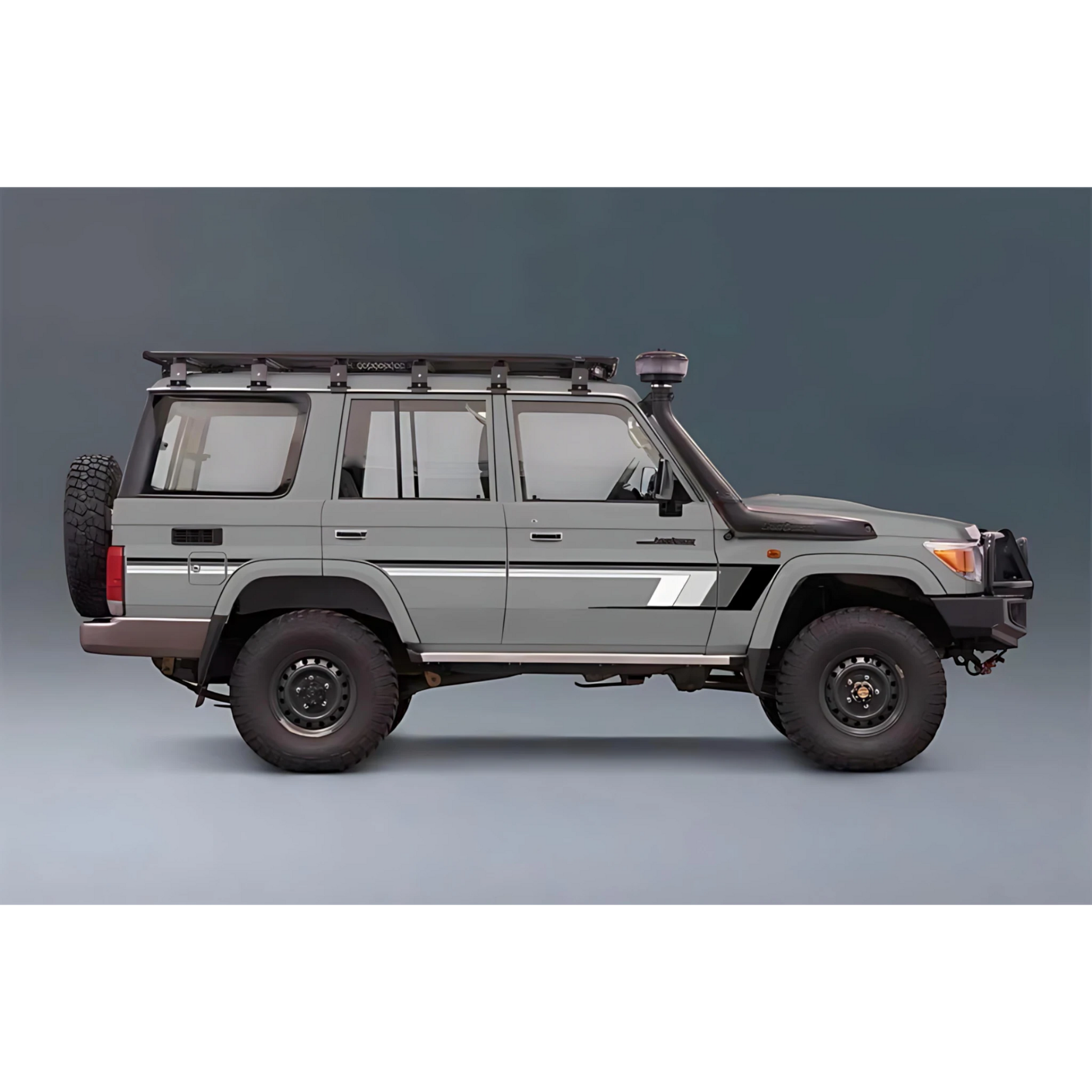 digital Gray off-road vehicle Land Cruiser 76 with roof rack on a gray background and white grey stripe decal body