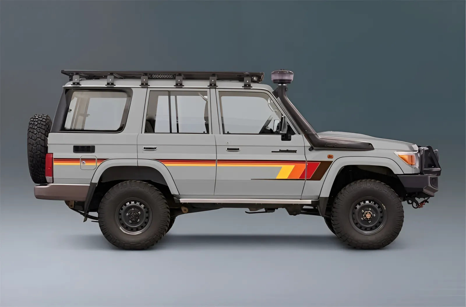 Side view of a gray SUV Land Cruiser 76 with orange and red stripes on a gray background