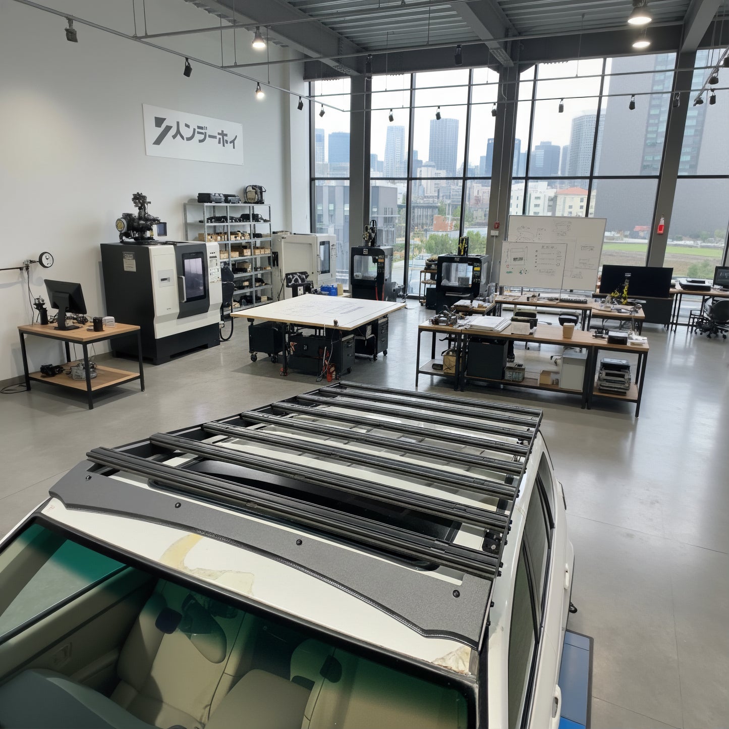 Top view of modular crossbars on a Land Cruiser 100 series roof rack.