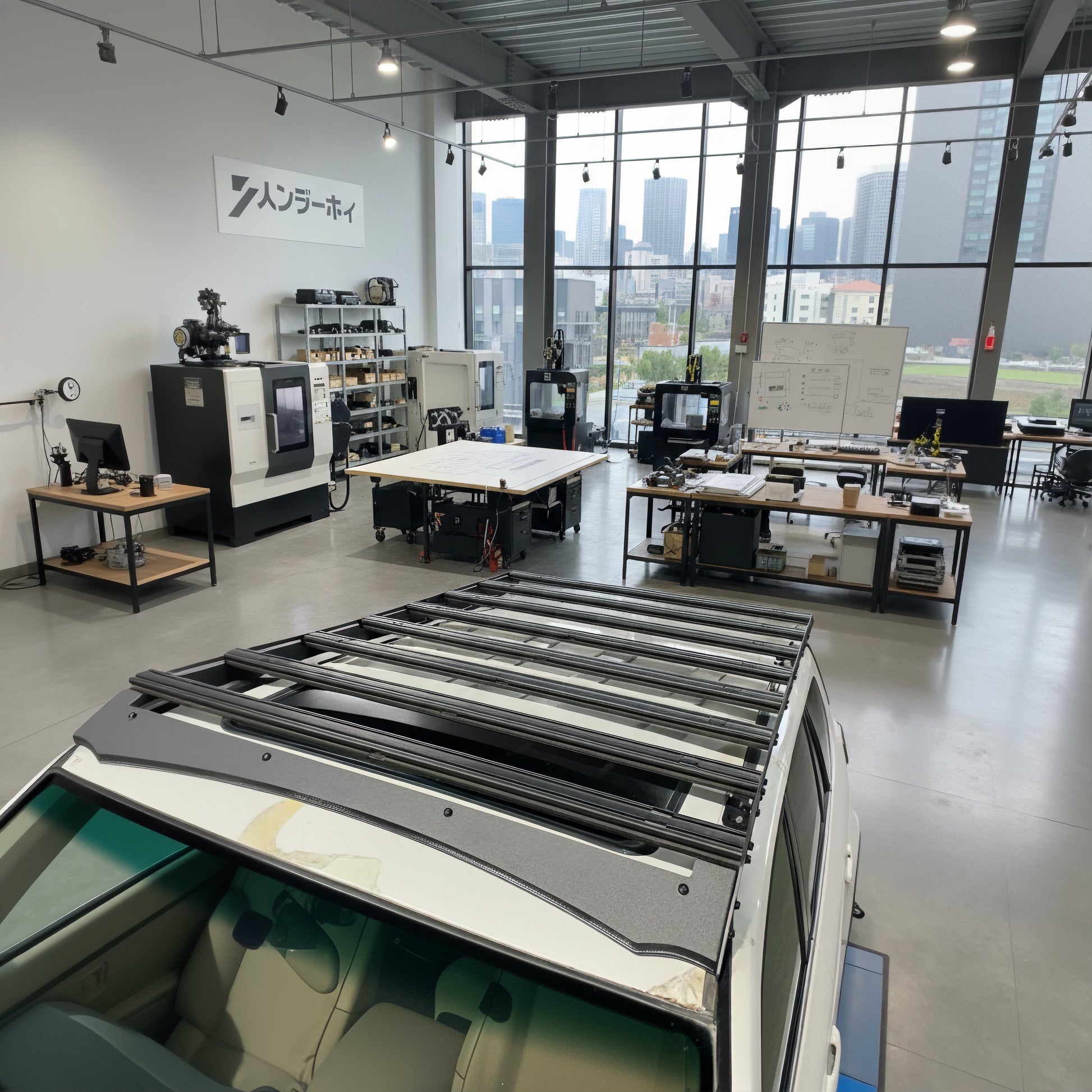 Top view of modular crossbars on a Land Cruiser 100 series roof rack.