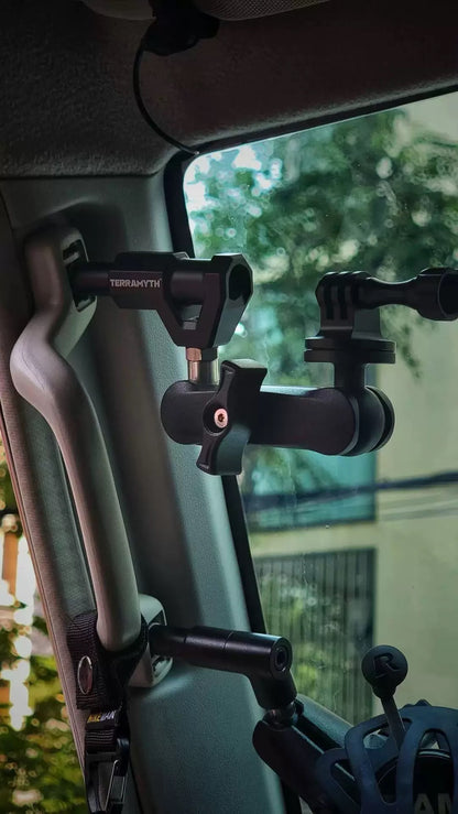 TERRAMYTH Land Cruiser 70 Series Modular Mount phone holder installed onto a-pillar