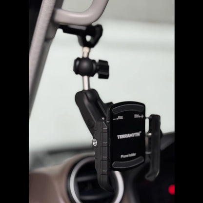 Land Cruiser 70 Series A-Pillar Action Camera Mount - Modular mounting system for Phone holder installed on the A-pillar grab handle of a Land Cruiser 70 Series, featuring the TERRAMYTH attachment