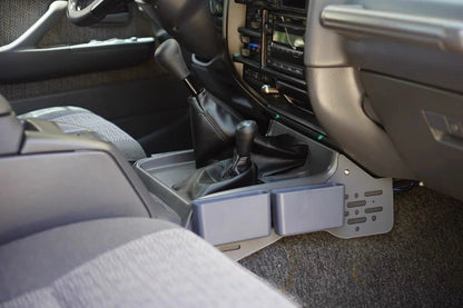 Ninja Cruiser grey ABS plastic center console organizer with two storage boxes for Toyota Land Cruiser 80 Series.