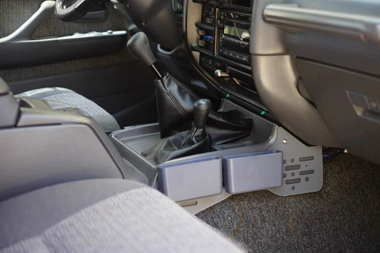Ninja Cruiser grey ABS plastic center console organizer with two storage boxes for Toyota Land Cruiser 80 Series.