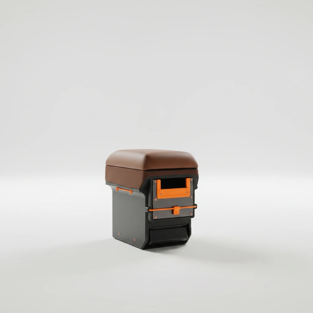 LC70 center console armrest storage box with a brown lid and orange accents on a white background