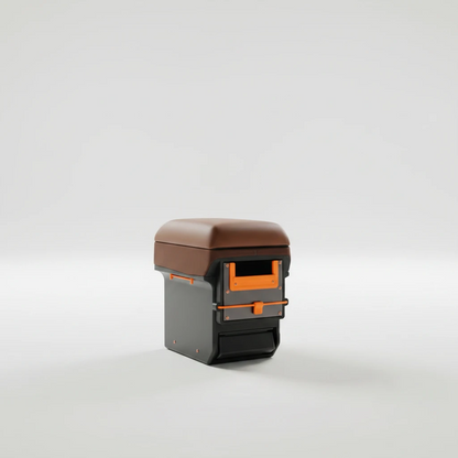 LC70 center console armrest storage box with a brown lid and orange accents on a white background