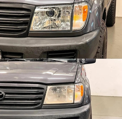 Ninja Cruiser after LED projector headlights with glass lens installed and before photo with halogen blur headlights on a grey Toyota Land Cruiser 100 Series