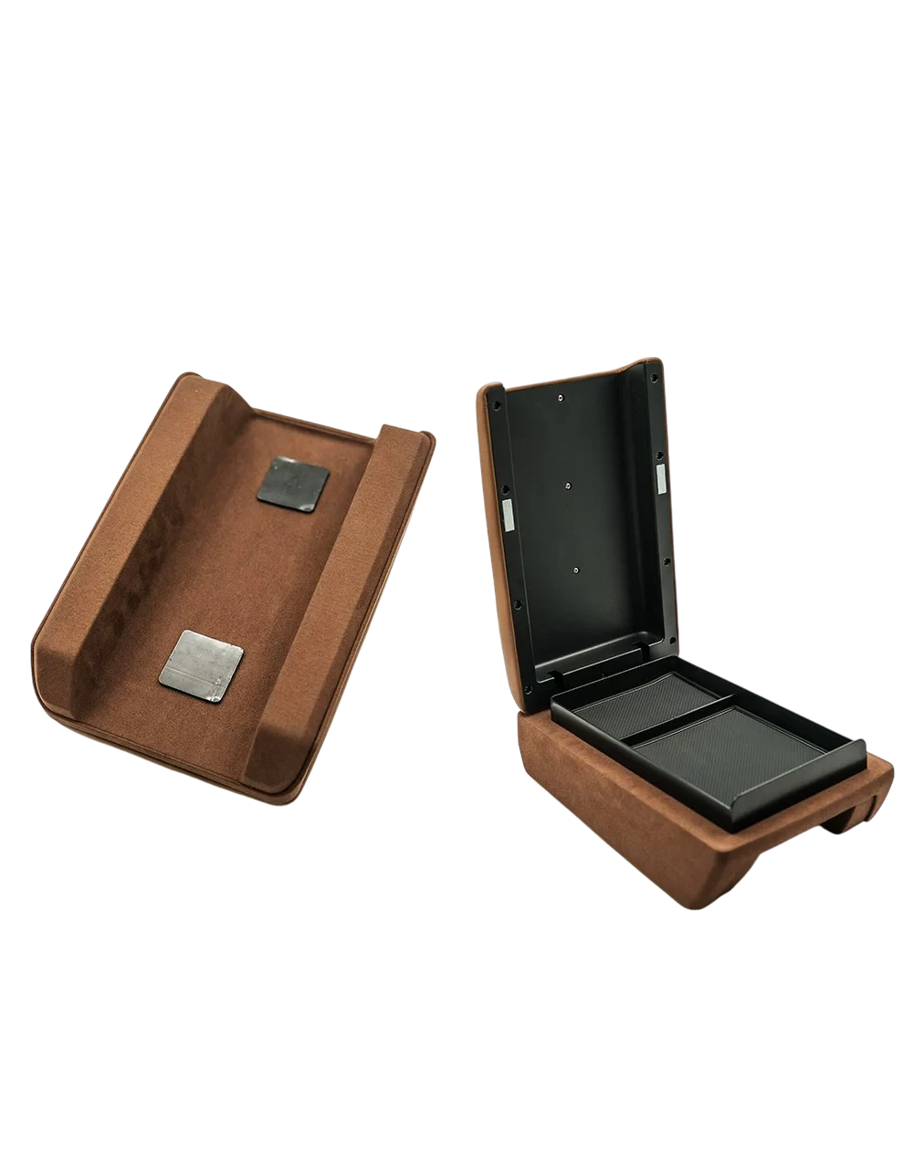 Ninja Cruiser LC70 Armrest Storage Box with Velvet Interior Lining. Organized hardware solution for overlanding and Machito troopy 4x4 builds.