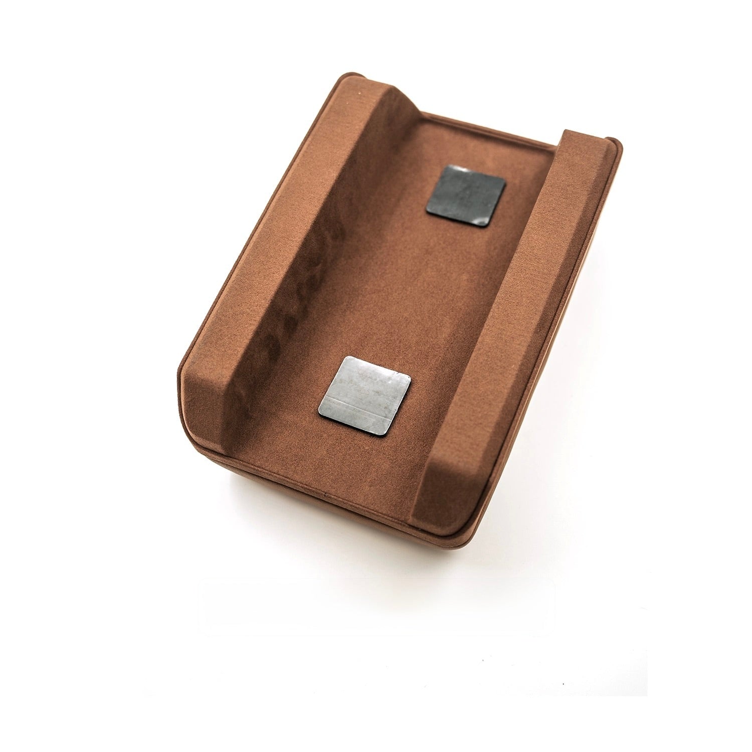 Brown leather arm rest with 2 piece velcro on a white background