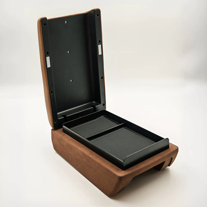 Land Cruiser 70 Series Fridge Console Armrest - Tan brown color, showing the lid underside with magnetic patches and the interior storage with removable anti-slip rubber mats