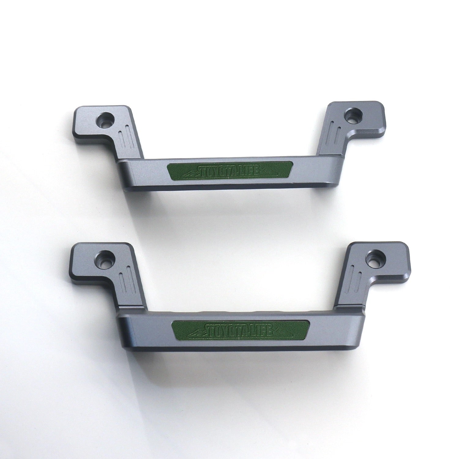 Land Cruiser 70 Series Aluminum Grab Handle Styles - Set of two in gray, highlighting toyotalife logo in green