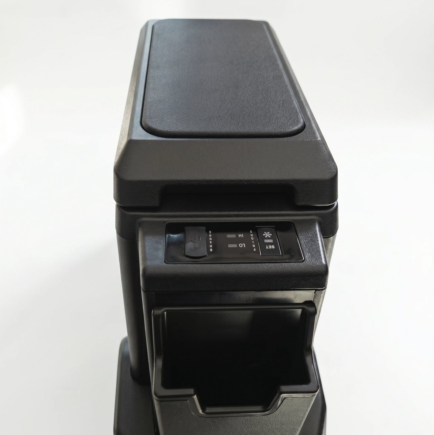 LC71 LC76 2024 centre console refrigerator armrest in black showing top armrest pad and control panel