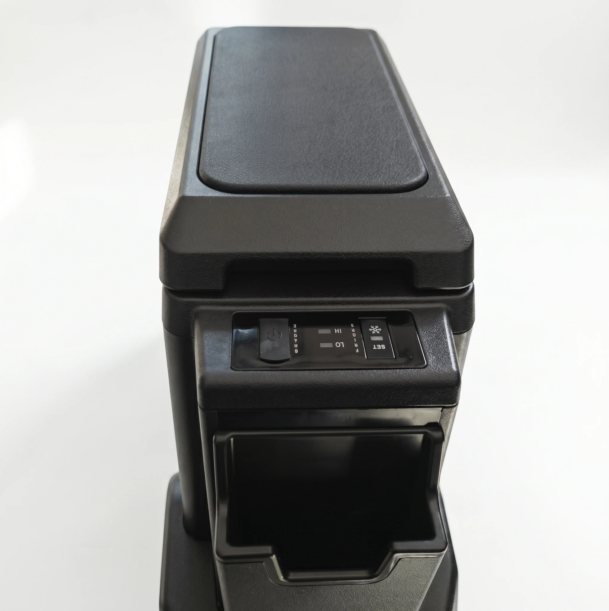 LC71 LC76 2024 centre console refrigerator armrest in black showing top armrest pad and control panel