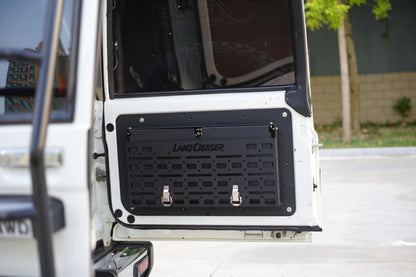 Close-up of LC76 tailgate MOLLE panel in black magnesium-aluminium alloy with latch locks