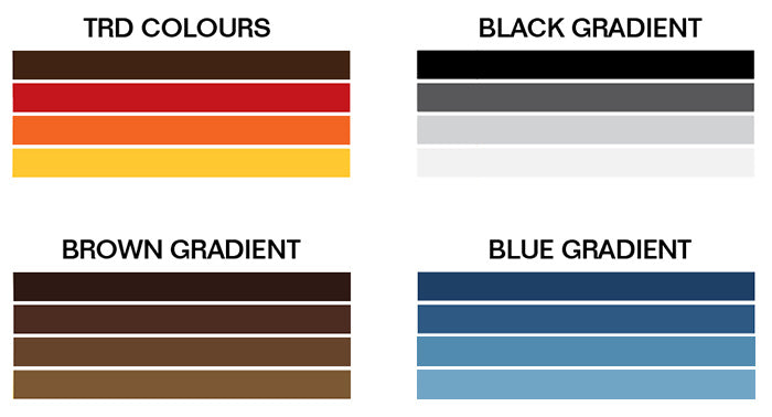 Color swatches for TRD colours, Black gradient, Brown gradient, and Blue gradient.