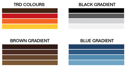 Color swatches for TRD colours, Black gradient, Brown gradient, and Blue gradient.
