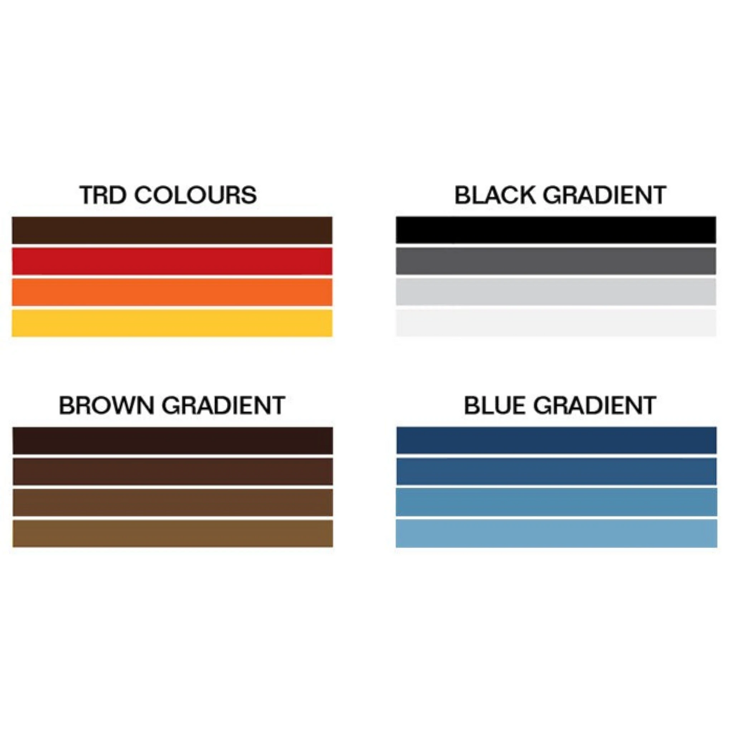 Color swatches for TRD colours, Black gradient, Brown gradient, and Blue gradient.