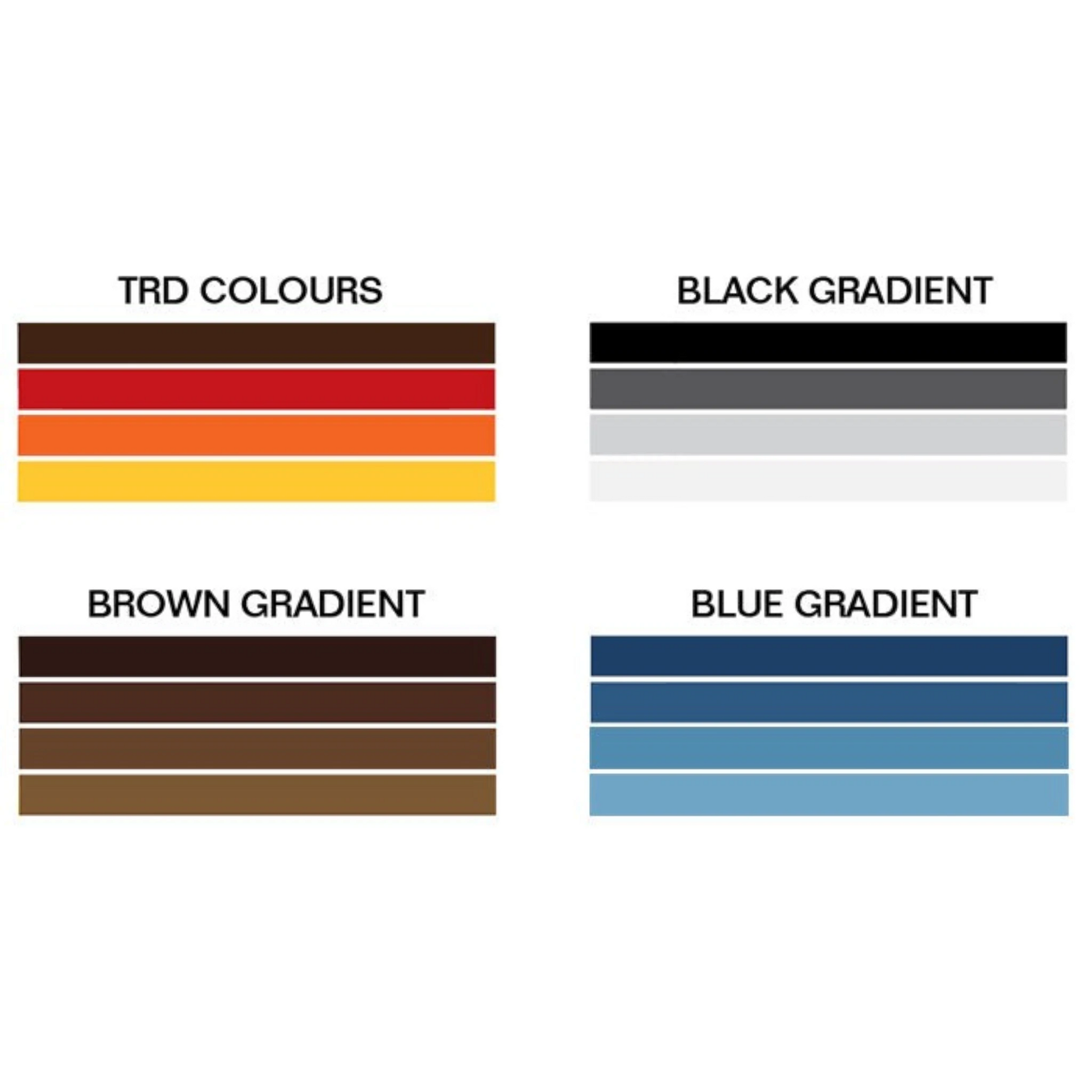 Color swatches for TRD colours, Black gradient, Brown gradient, and Blue gradient.