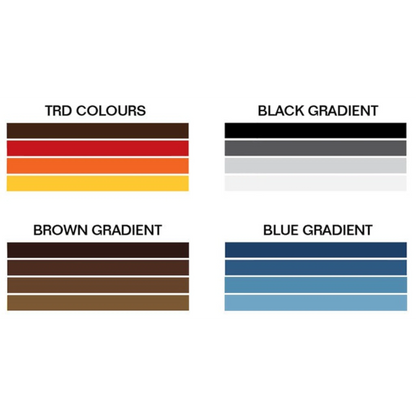 Color swatches for TRD colours, Black gradient, Brown gradient, and Blue gradient.