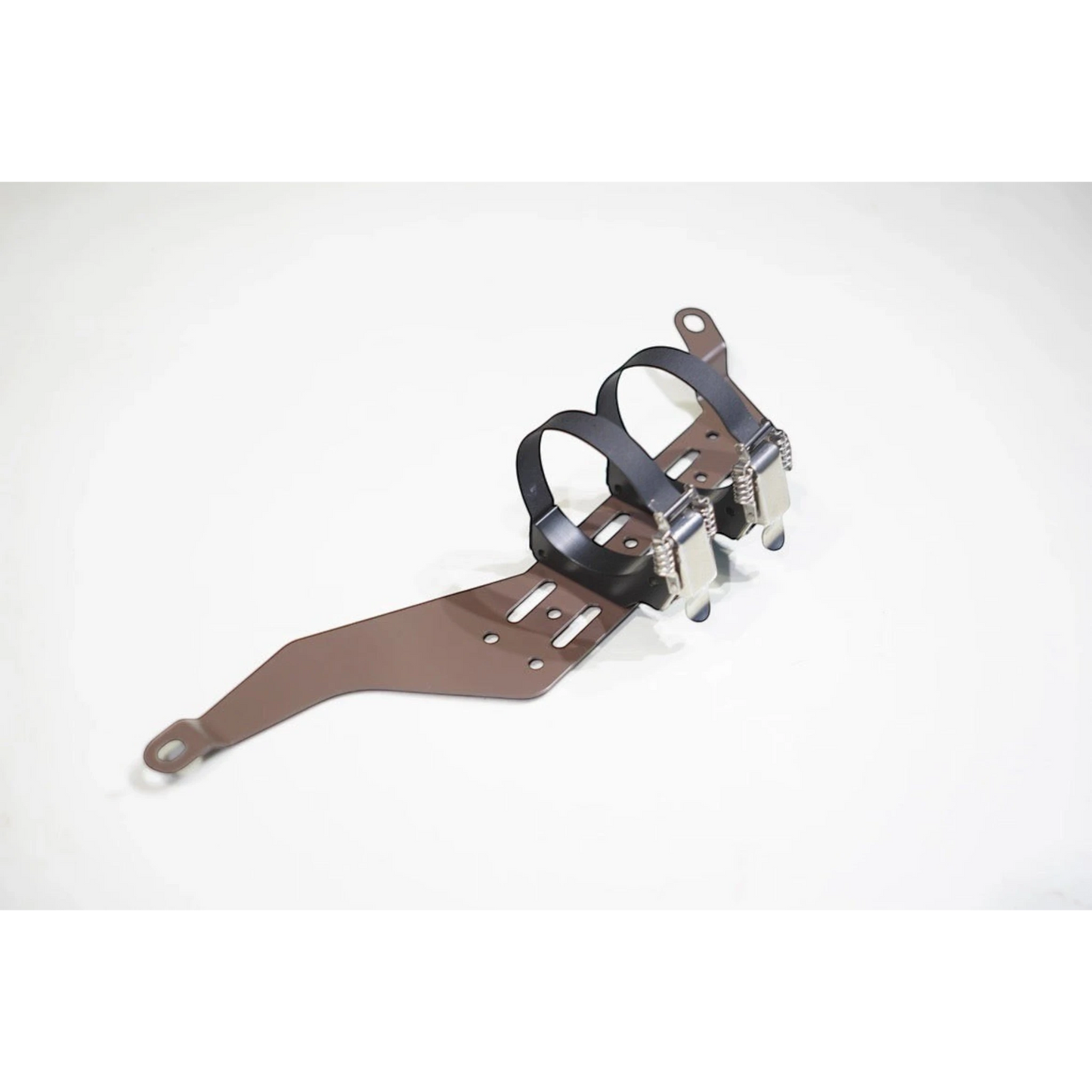 Ninja Cruiser LC100 front seat fire extinguisher bracket made of black powder-coated steel with adjustable straps.