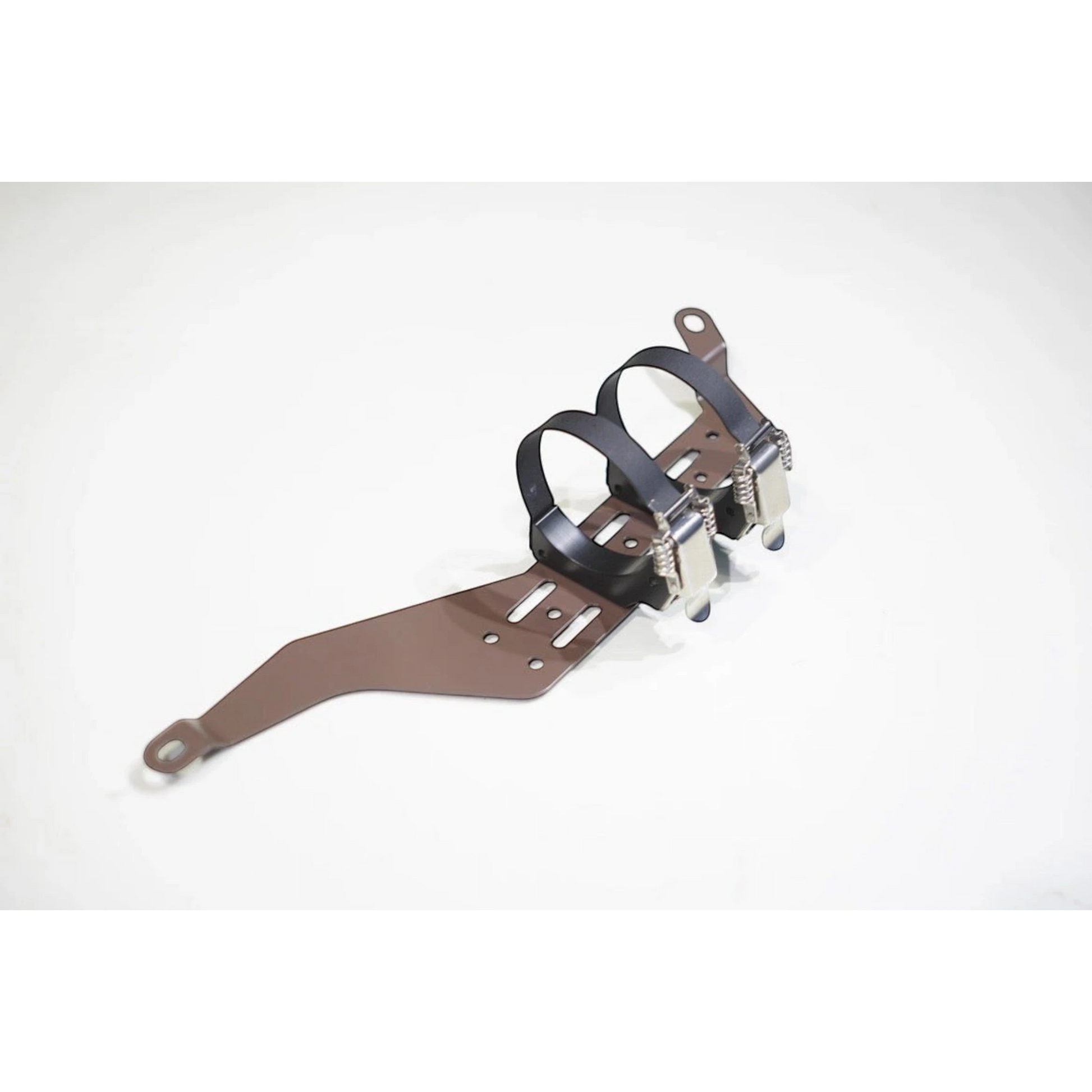 Ninja Cruiser LC100 front seat fire extinguisher bracket made of black powder-coated steel with adjustable straps.