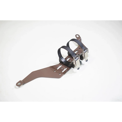Ninja Cruiser LC100 front seat fire extinguisher bracket made of black powder-coated steel with adjustable straps.