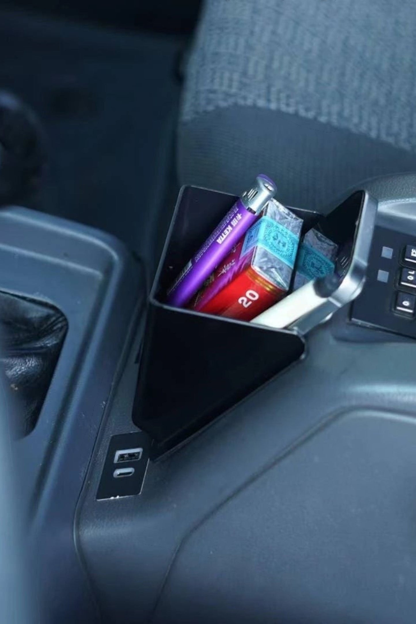 Ninja Cruiser matte black ABS plastic center console organizer tray with cup holder and phone tray for Toyota Land Cruiser 80.