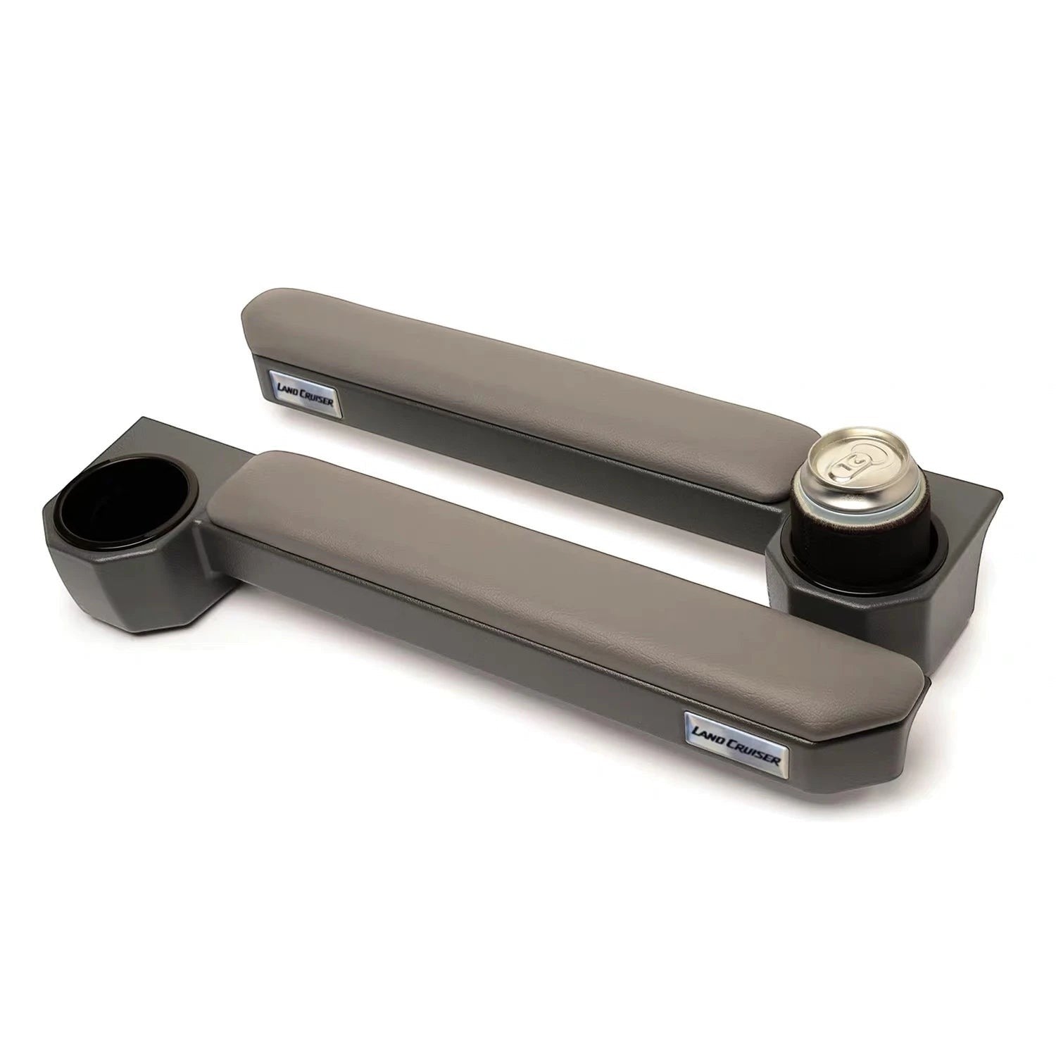 Ninja Cruiser magnetic door armrest with cup holder for Land Cruiser 70 Series, grey faux leather padded top.