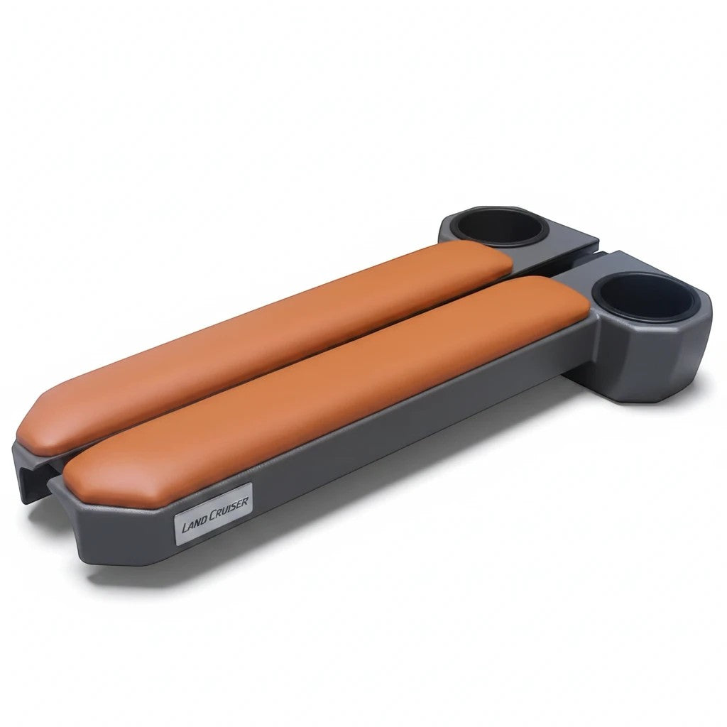 Ninja Cruiser magnetic door armrest and cup holder for Land Cruiser 70 Series. Grey ABS plastic with tan padded top.
