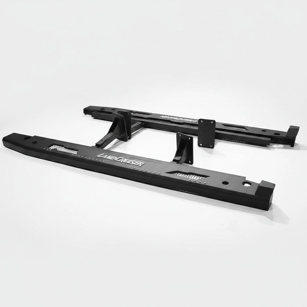 Ninja Cruiser custom aluminum rock slider side steps for Toyota Land Cruiser 80 series with white "Land Cruiser" logo.