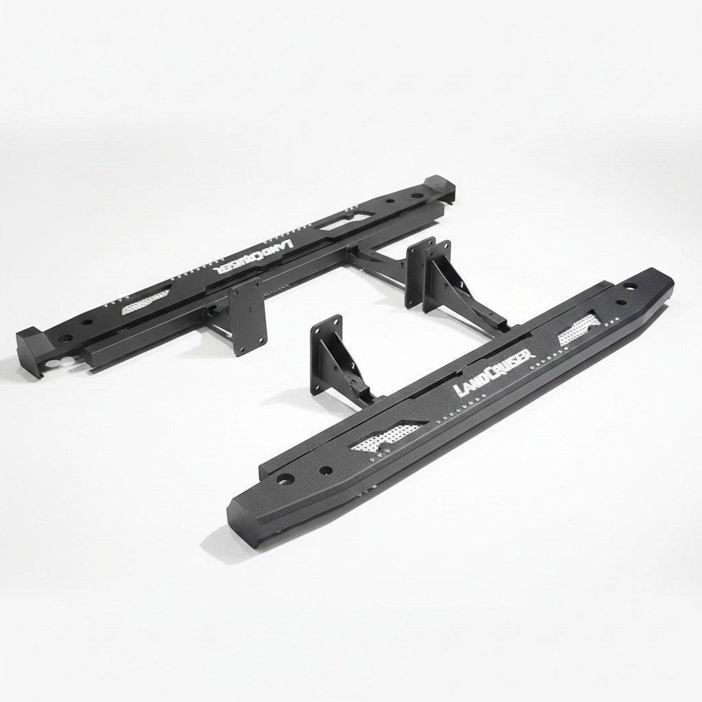 Ninja Cruiser custom aluminum rock slider side steps for Toyota Land Cruiser 80 series with white "Land Cruiser" logo.