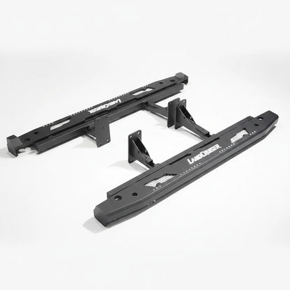 Ninja Cruiser custom aluminum rock slider side steps for Toyota Land Cruiser 80 series with white "Land Cruiser" logo.