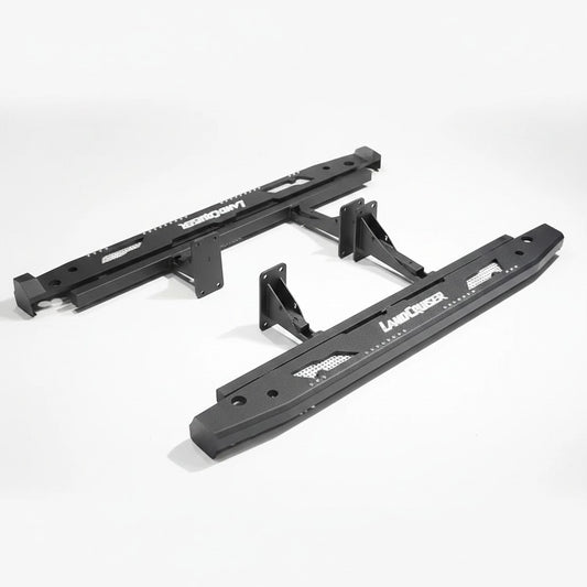 Ninja Cruiser custom aluminum rock slider side steps for Toyota Land Cruiser 80 series with white "Land Cruiser" logo.