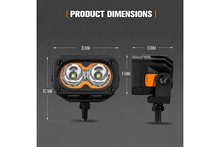Ninja Cruiser LC100 dual LIGHTFOX LED pod lights with orange accents and adjustable mounting hardware. Dimensions shown.