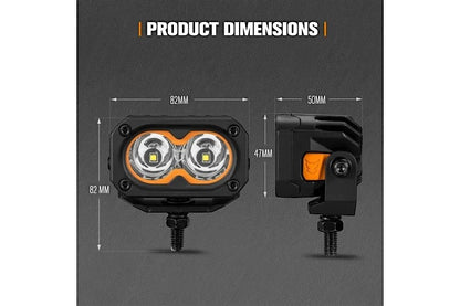 Ninja Cruiser LC100 dual LIGHTFOX LED pod lights with orange accents and adjustable mounting hardware. Dimensions shown.