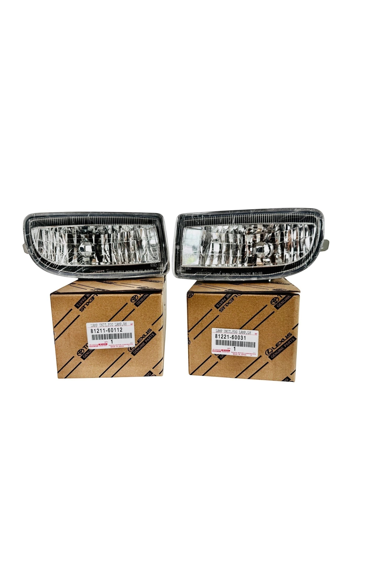 Ninja Cruiser Genuine Toyota LC100 front fog lamps, clear lens, pair, new in box.