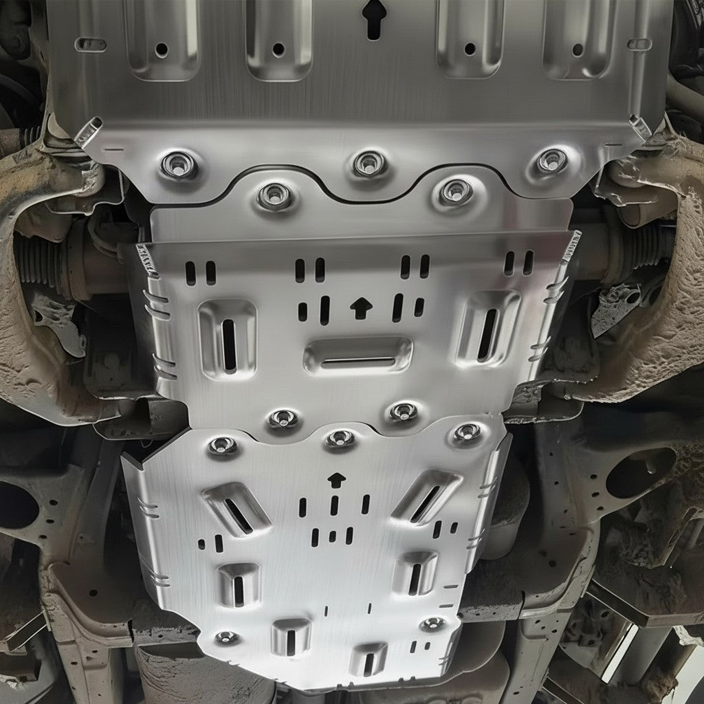 Ninja Cruiser LC200 skid plate made of brushed aluminum with ventilation cutouts and mounting hardware.